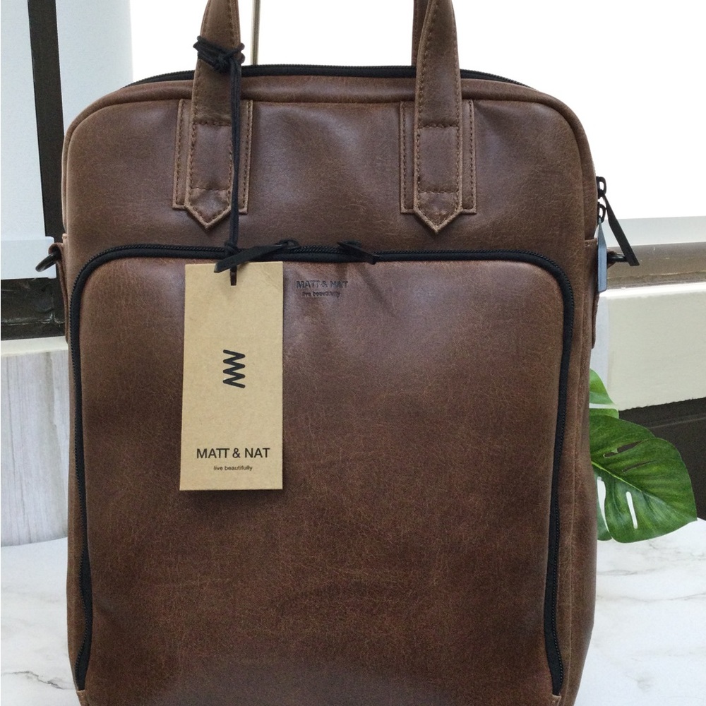 NWT Matt & Nat Brown Vegan Leather Men’s Briefcase/Laptop Backpack